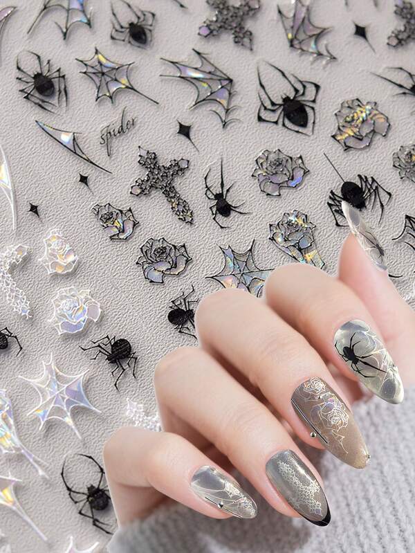 1 قطعة ملصقات زخرفية لضغط الأظافر بطراز جوتيك لهالوين، زينة أظافر اصطناعية بأشكال العنكبوت وشبكة العنكبوت والوردة والصليب، أنيقة وأنيقة لسيدات، ملصقات أظافر قشرية، ديكورات ضغط أظافر DIY للسيدات، مناسبة للاستخدام في حفلات الأعياد والرحلات الخارجية والعروض