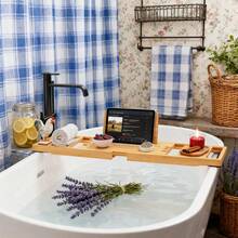 Retractable Bamboo Bathtub Caddy,Bathroom Caddy For Bathside Entertainment & Storage,Bathroom Tray For Tub Side Dining & Device Viewing, Minimalist Look