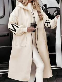 Kurtka damska w dużym rozmiarze z dzianiny z rękawami, patchworkiem, kapturem i zamkiem błyskawicznym, do noszenia na co dzień, jesień/zima