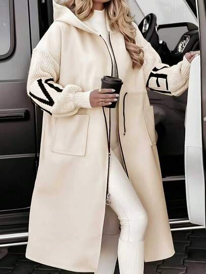 Plus Size Women Knit Sleeve Patchwork Hooded Zip-Up Long Casual Jacket, Everyday Wear, Autumn/Winter