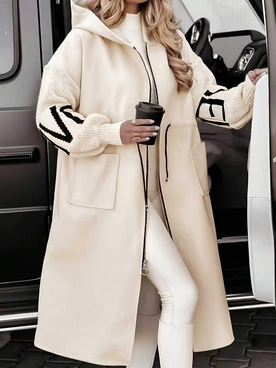 Plus Size Women Knit Sleeve Patchwork Hooded Zip-Up Long Casual Jacket, Everyday Wear, Autumn/Winter