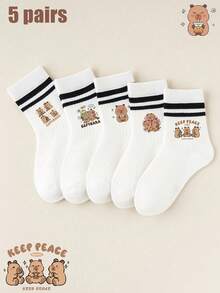 5 pares de calcetines de moda para niños con lindos diseños de capibara. Calcetines de tubo medio con elementos de dibujos animados de capibara, adecuados para niños y niñas en todas las estaciones. Incluye calcetines de tobillo con volantes, calcetines de burbuja y calcetines de burbuja con volantes con diseños de capibara.