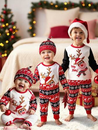 3 pièces Ensemble body à manches longues avec imprimé de cerf mignon et lettres + pantalon décontracté à imprimé de Noël avec chapeau pour bébé garçon