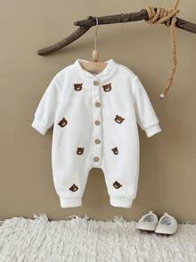 Newborn Baby Girl Thick Jumpsuit Romper With Bear Embroidery, Casual Winter Outfit - White - View 5
