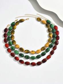 1pc Or 3pcs Fashionable Elegant Bohemian Style Multicolor Plastic Flat Bead Necklace, Layered Wearable Jewelry Set, Suitable For Vacation, Party, Gathering, Dinner And Other Occasions, Plastic Bead Color And Pattern Size Are Multicolor And Handmade, Each Bead Is Different But Does Not Affect Your Purchase - Multicolor - View 5