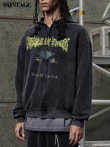 男士复古水洗图案拉链连帽运动衫，深色美式街头风格，秋季 - 黑色 - 查看 2