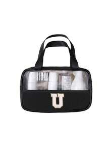 1pc Transparent PVC Makeup Bag, Multifunctional Letter Travel Pouch, Waterproof Letter Bag With Minimalist Letter Stickers, Large Capacity Toiletry Bag, Travel Organizer, Cosmetic Bag, Beach Bag, Travel Essentials, Student Supplies, Dorm Necessities, Bathroom Storage, Home Decor, Gift For Girlfriend, Teacher, Mom, Girlfriend, Halloween Gift, Christmas Gift, Autumn/Winter Essential, Autumn Decor, Bedroom Decor