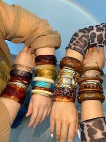 随机21/16/11/8/4/1件 复古优雅金属多元素中世纪风格仿古硬币不对称亚克力渐变透明棕色蓝色绿色白色豹纹厚树脂手链 - 彩色 - 查看 2