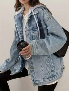 Women's Hooded Denim Jacket, Oversized Retro Denim Jacket, Elastic And Loose, Comfortable And Lightweight - L - View 3