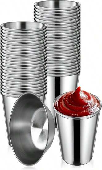 Potchen 24 Pieces 25 Oz Metal Ramekins Sauce Cups Stainless Steel Condiment Cups Round Dipping Containers For Vinegar Butter Ice For Kitchen Restaurant Catering Camping BBQ Party