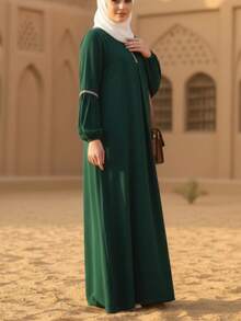 Fashionable Long Sleeve Abaya Dress, Casual Sequined Traditional Arab Clothing,Modest - Green - View 4