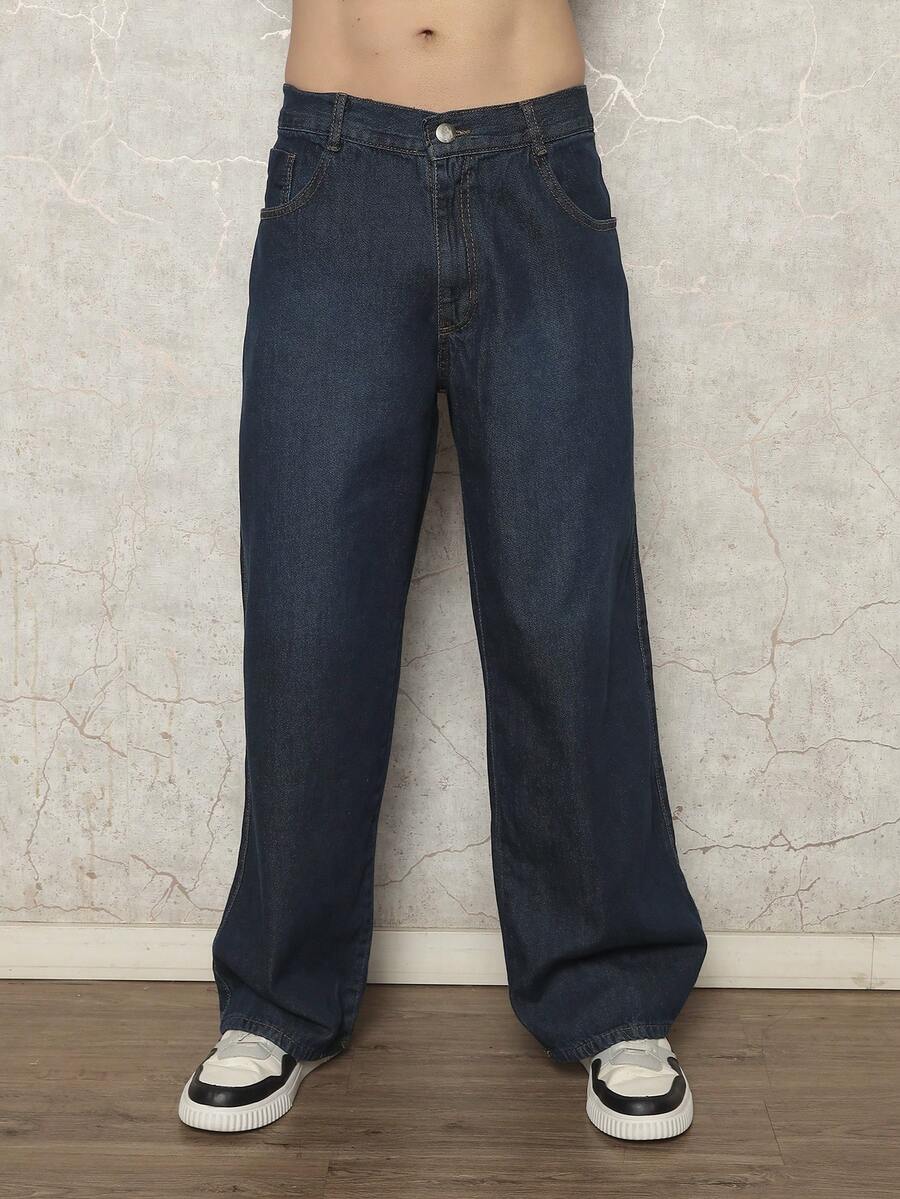 Men's Loose Cotton Jeans With Slant Pockets, Wide, Long, Washed, Skater Style, Cargo, Plain, Light Blue, Going Out, Y2K Style, For Friends, Urban, Going Out, For Work, For Vacation - 中等水洗藍 - 查看 1