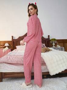 Sanrio 2件套情人节Hello Kitty女士格子印花纽扣长袖睡衣上衣和抽绳睡裤可爱睡衣套装 - 紅色 - 查看 5