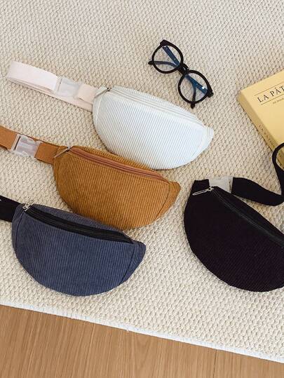 Solid Color Fashion Girl's Crossbody Chest Bag, Corduroy Waist Pouch, Coin Purse