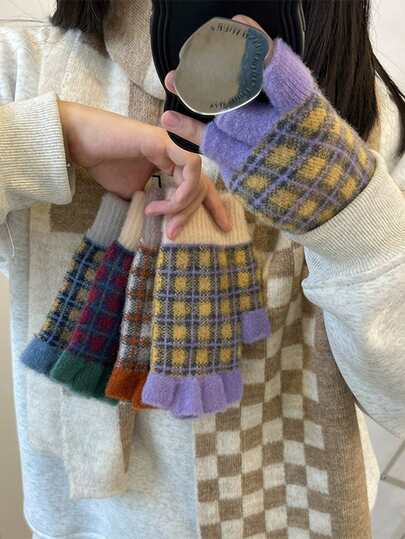1 双女士对比格子保暖手套，针织加厚半指手套，适合驾驶骑行，彩色触摸屏可爱手套，圣诞礼物