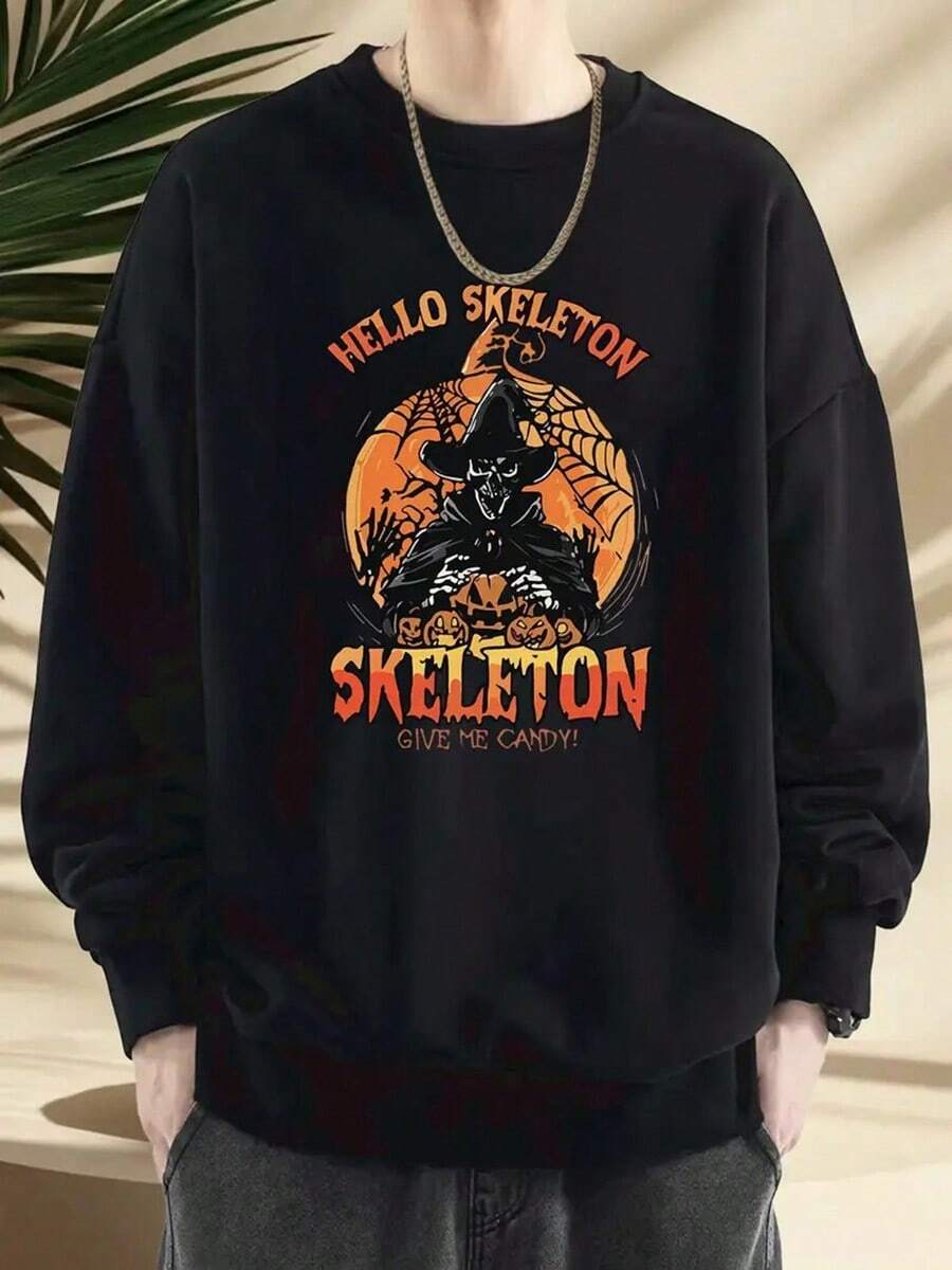 Men's Halloween Witch & Pumpkin Print Oversized Round Neck Sweatshirt - Spooky Bats & Cobwebs Graphic, Soft Beige Fabric, Machine Washable Casual Pullover For Fall Winter, Costume Party & Casual Attire,Fall Hoodies,Men's Fall Clothes,Street Wear,Halloween,Mens Hoodies,Y2k Clothes,Jesus Hoodie,Thanksgiving Day,Nightmare Before Christmas,Christmas - Black - View 1