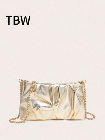 Women's Square Shoulder Bag, Pleated PU Leather, Cracked Texture, Metal Chain, Lightweight & Fashionable, Suitable For Outings And Shopping