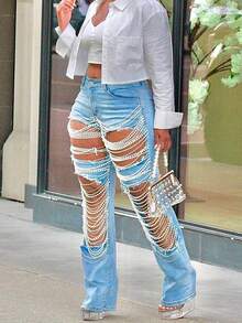 女士破洞牛仔裤 - 珍珠刺绣破洞牛仔裤，毛边裤脚，性感街头风紧身裤，适合约会和外出穿着 - 藍色 - 查看 1