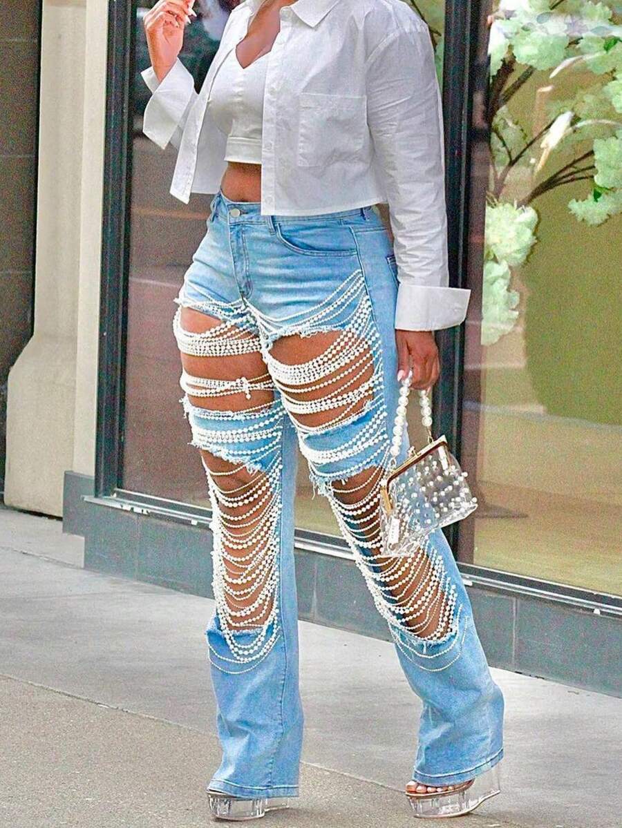 女士破洞牛仔裤 - 珍珠刺绣破洞牛仔裤，毛边裤脚，性感街头风紧身裤，适合约会和外出穿着 - 藍色 - 查看 1