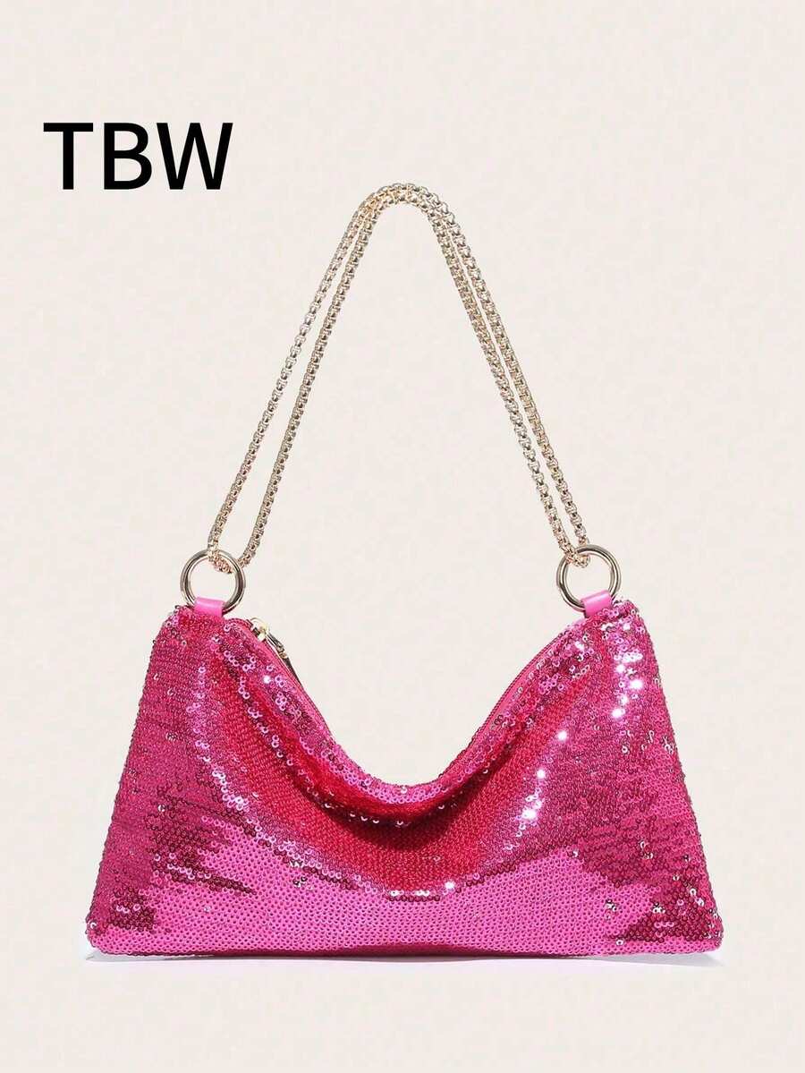 Ladies' Crossbody Bag With Sequins, Satin, And Rhinestones, Fashionable, Lightweight, And Compact, Suitable For Parties And Outings. - Hot Pink - View 1