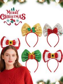 1PC Christmas Bow Headbands, Sequin Xmas Hair Hoops With Santa Holly Gift Decor, Cute Festive Hair Accessories For Women Girls, Christmas Party Cosplay Headwear, Party, Hair Band ,Hairband For Women