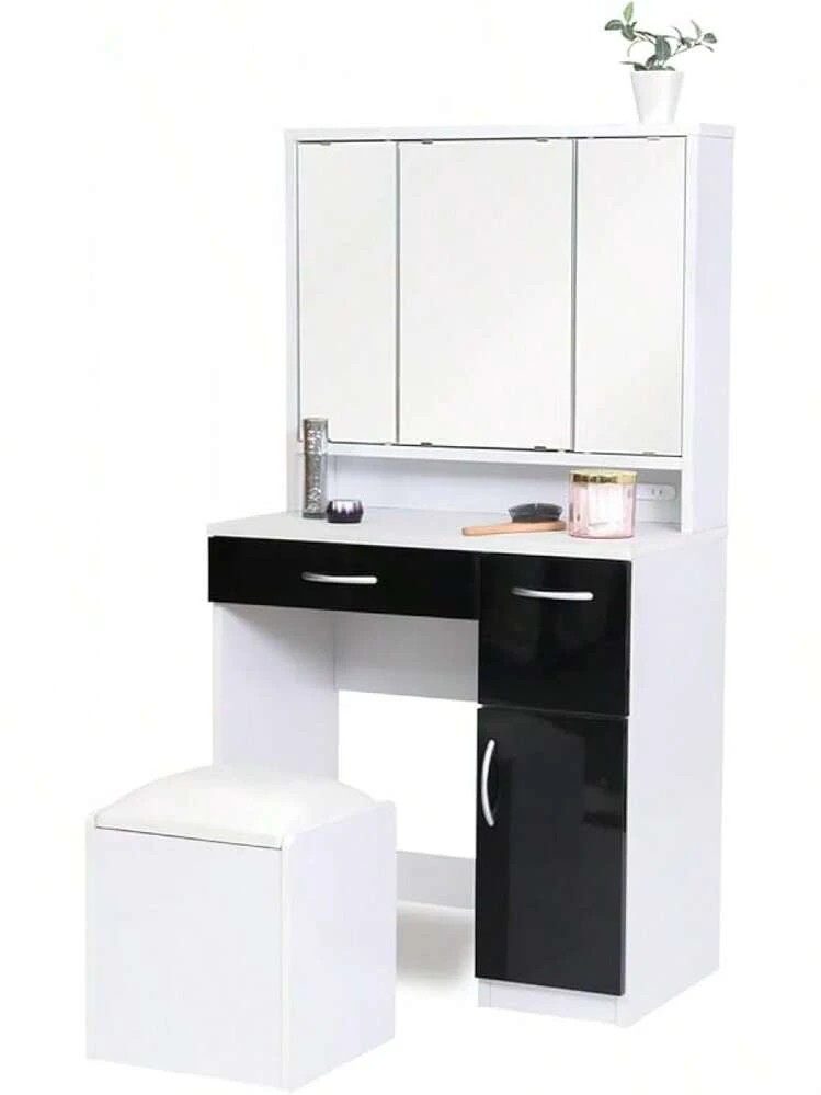 新しい-JKプラン 三面鏡ドレッサー 化粧台 スツール付き コンセント