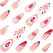 Sweet Strawberry Pink Wearable Short Almond Nails French Pearl Bow Nail Art False Nails - JP3740 - 查看 4