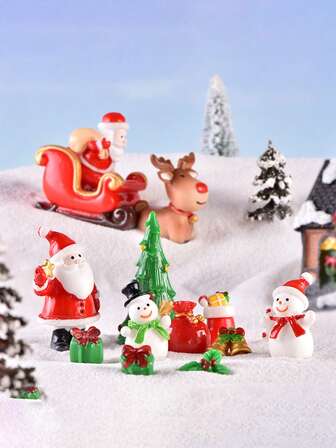 6 件套圣诞老人、雪人、微型雪景、火车车厢、圣诞袜、铃铛、树脂饰品、随机迷你人造圣诞树