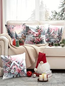 4 piezas/1 pieza Funda de almohada navideña rosa - Diseño de casa nevada, adorno de Papá Noel y flor de Pascua, 45x45 cm | Cierre con cremallera | Material de poliéster de colores brillantes | Para sala de estar, decoración de habitación, sofá y dormitorio (relleno no incluido) Excelente para decoraciones navideñas, fiestas de Navidad, decoración de dormitorio, decoración del hogar en invierno