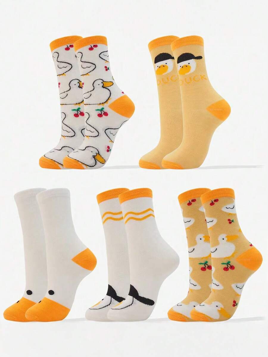 5 đôi tất dài đến bắp chân in hình đầu ngỗng hoạt hình, vịt hip-hop vui nhộn dành cho nữ, tất thể thao thường ngày thoải mái, đa năng thời trang - Nhiều màu - Xem 1