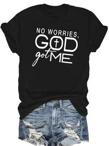 [Camiseta de moda casual] Camiseta suave y cómoda para mujer - No te preocupes, Dios me tiene. Parte superior de manga corta y cuello redondo casual, regalo perfecto para la abuela y la mamá, uso casual de primavera y verano - Negro - Ver 1