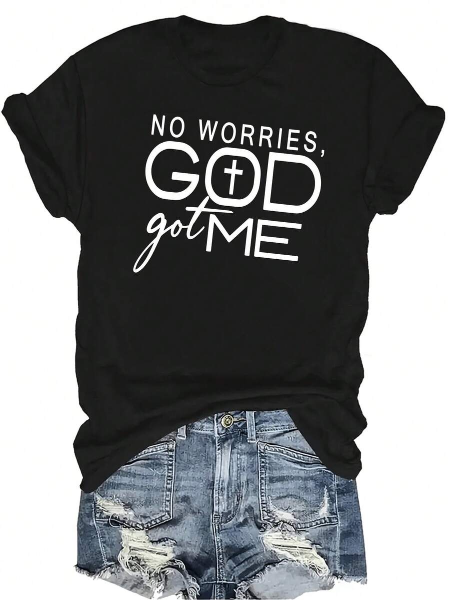 [Camiseta de moda casual] Camiseta suave y cómoda para mujer - No te preocupes, Dios me tiene. Parte superior de manga corta y cuello redondo casual, regalo perfecto para la abuela y la mamá, uso casual de primavera y verano - Negro - Ver 1