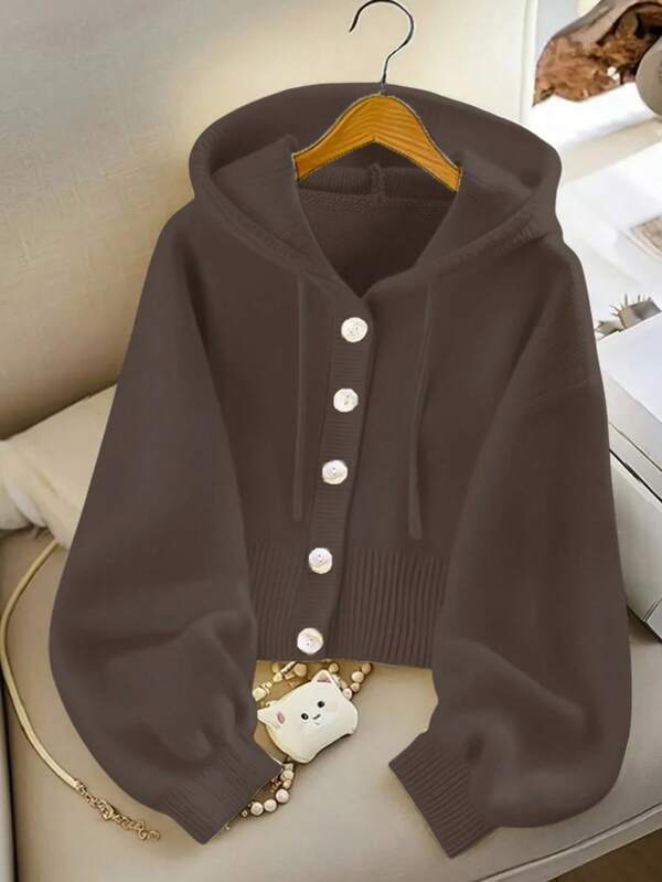 Damen Lässig Alltags Pendler einfache einfarbige Kapuzen-Kardiganjacke mit Tunnelzug, Laternärmeln und Knopfverschluss, Herbst/Winter