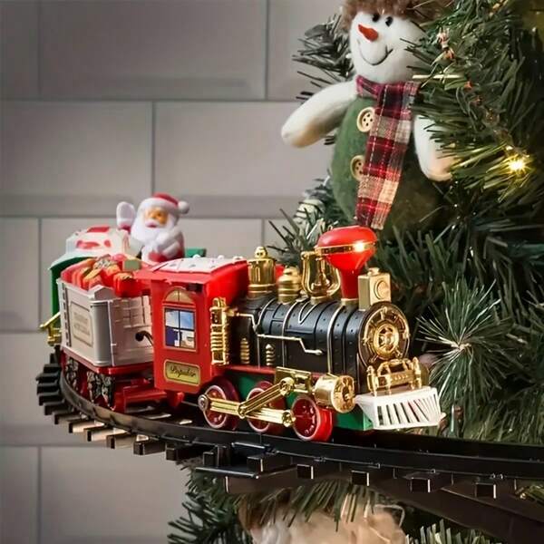 Trem elétrico de Natal com luzes e sons, trem motorizado em movimento, inclui acessório de trenó do Papai Noel, locomotiva e vagões coloridos, compatível com sistema de trilhos (trilhos incluídos) - Presente ideal para o Natal/Aniversário - Alimentado por bateria (pilhas AA não incluídas), trem em formato de árvore de Natal, decoração natalina, decoração festiva, locomotiva vibrante, construção durável, plástico de alta qualidade, alegria para toda a família