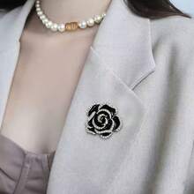 1pc Sparkling Black Camellia Brooch, Made Of Alloy, Enamel Pins For Ladies,Ideal For Pairing With Suits, Shirts, Jackets, Dresses, Showcasing Elegance And Style Christmas Gift
