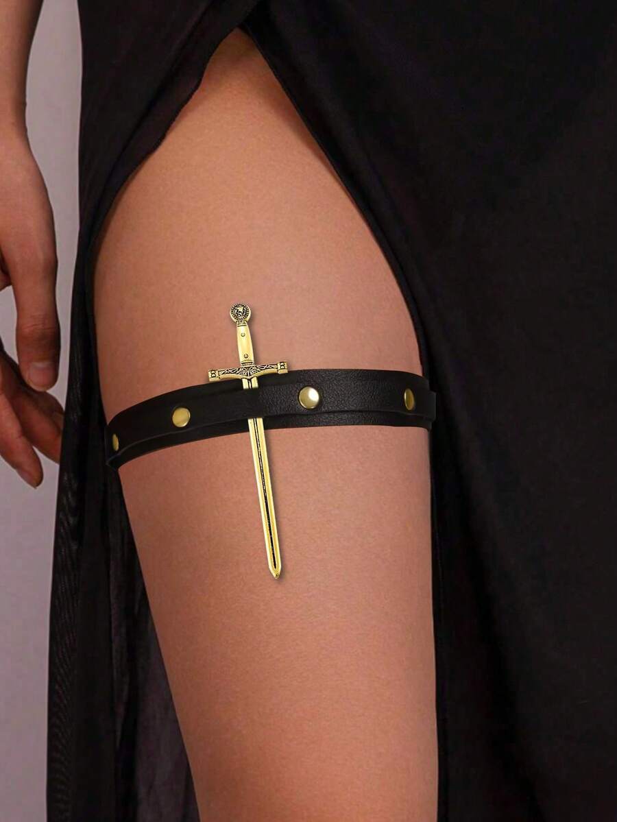 1pc Women Black Harness Belt Sword Prop Decor PU Leather Leg Ring Thigh Band Steampunk Baddie Outfits Night Out Costume Accessory