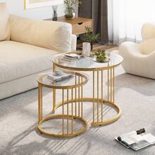 Nesting Coffee Table, 23.6" Round Coffee Table Set Of 2, Glass Nesting Table With Metal Frame, Ceter Tables For Living Room Bedroom Balcony - 金色 - 查看 1