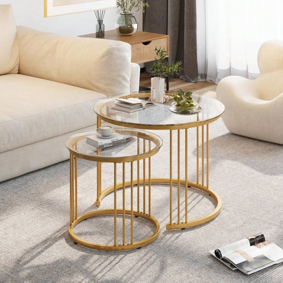 Nesting Coffee Table, 23.6" Round Coffee Table Set Of 2, Glass Nesting Table With Metal Frame, Ceter Tables For Living Room Bedroom Balcony - 金色 - 查看 1