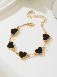 2pcs Fashionable Minimalist Elegant Heart-Shaped Valentine's Day Bracelet Set, Black & White, Versatile For Women - Black and White - View 4