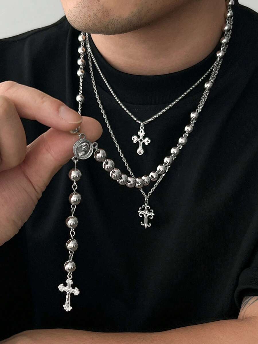 3pcs/Set Punk Hip-Hop Niche Cross Beaded Pendant Necklace, CCB Flower Cross Flat Chain Necklace Set, Men Charm Jewelry - BOXR Chain Necklace - View 1