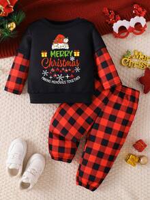 男童圣诞字母印花拼接长袖圆领休闲上衣和数码印花运动裤套装，春秋季 - 黑色 - 查看 1