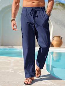 Men's Elastic Waist Beach Joggers Linen Cotton Drawstring Closure Lightweight Loose Style Yoga Ready - Màu xanh hải quân - Xem 2