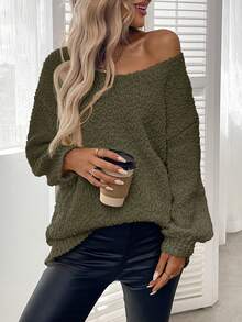 Plus Size Solid Color Crew Neck Casual Long Sleeve Knit Sweater Vacation - Army Green - View 7
