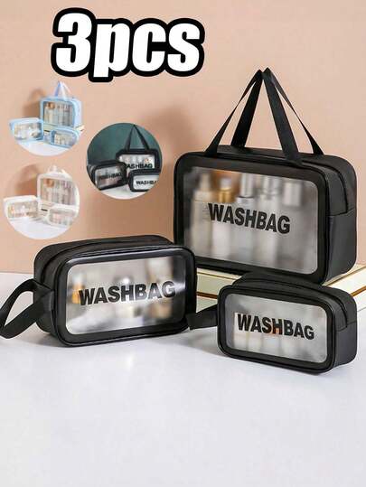 1/3pcs Travel Makeup Bag, Portable Toiletry Bag, Letter Print Cosmetic Bag, Transparent PVC Makeup Set, Shower & Swimming Storage Bag, Large Capacity Travel Cosmetic Bag, Toiletry Bag, Bathroom Beach Bag, Holiday Essentials