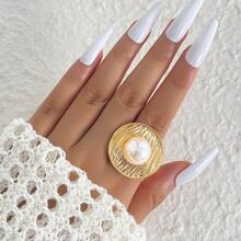1pc Metal Material Faux Pearl Exaggerated Geometric Hollow Single Ring Ladies Daily Casual Wear