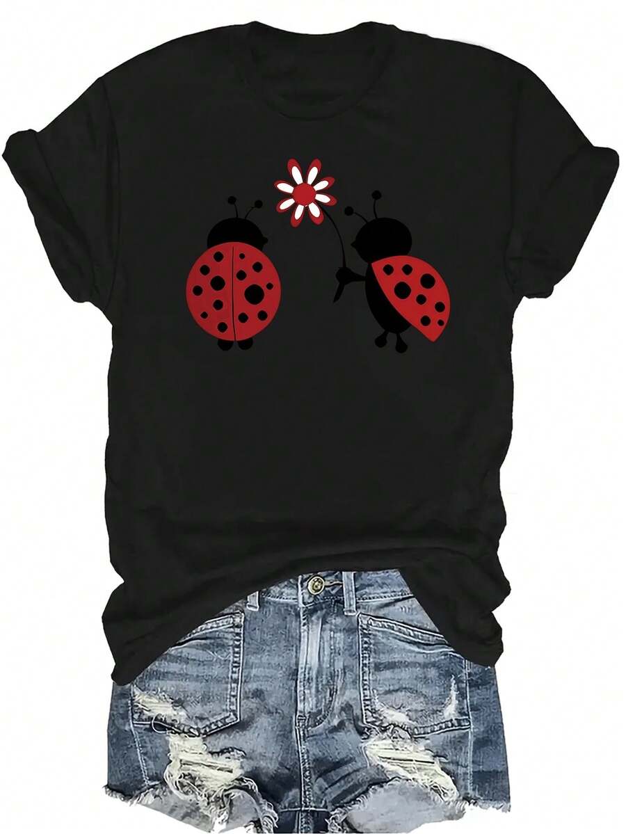 [Camiseta de Moda Casual] Camiseta de Mujer Suave y Cómoda - Mariquitas con Arte Floral Casual de Manga Corta y Cuello Redondo, Regalo Perfecto para Abuela y Mamá, Uso Casual de Primavera y Verano - Negro - Ver 1
