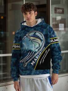 Marlin Fishing Graphic Hoodie, Casual Polyester Crew Neck Pullover, Slight Stretch Knit Fabric, Regular Fit, With Shark Pattern, For Outdoor Leisure Comfort Style, Spring/Fall Season