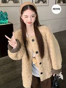Chaqueta casual de cuello redondo con efecto de borreguillo estilo coreano para mujer, gruesa y cálida, corte holgado, versátil para otoño/invierno - Caqui - Ver 7