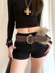 1pc Women's Brown PU Leather Double Row Antique Copper Rivet Fuzzy Belt