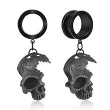2PCS New Stainless Steel Ear Plugs Tunnels Ear Gauge Stretcher Fashion Halloween Skull Dangle Earrings Body Piercing Jewelry Women Men